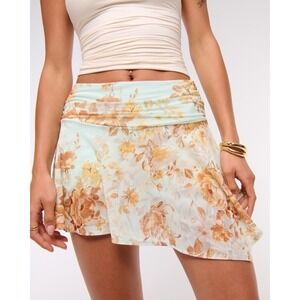 Abercrombie Fitch Floral Ruched Mesh Mini Skirt Shorts Light Green Womens Size S